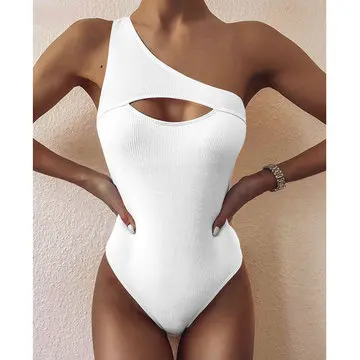 wholesale swimwear manufacturing 2022 summer solid color slash neck swimwear sexy bikinis women swimsuit one piece bathing suits