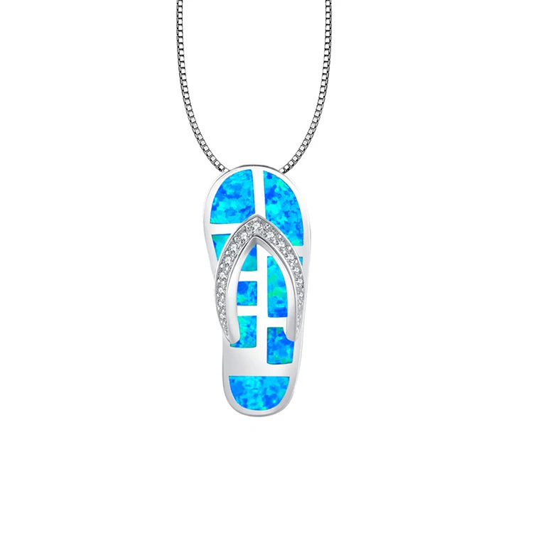 
Silver Cute Ocean Blue Opal stone Sandal Flip Flops Pendant Necklace wedding jewelry 