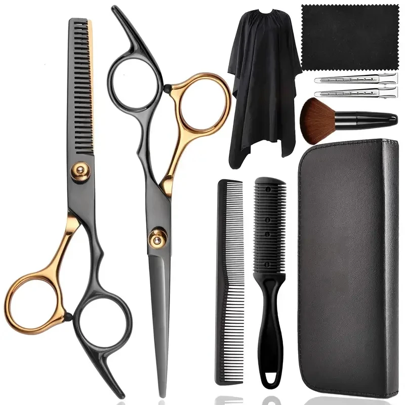 10pcs  Professional Hair Cutting Scissors Set Thinning Shears Hair Razor Comb Clips Cape Wallet Hairdressing