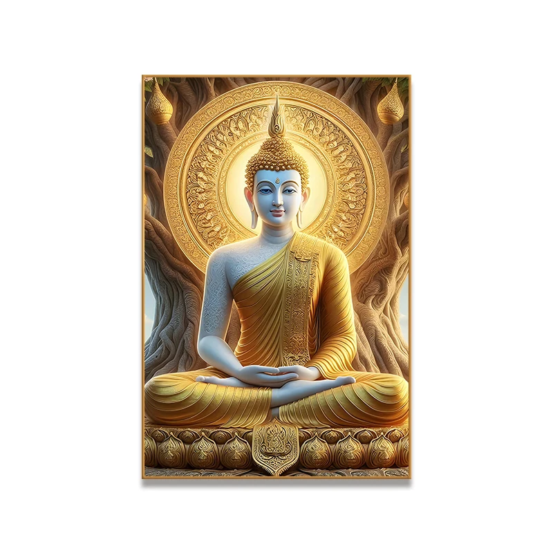 Golden Buddha seated statue painting high-definition printing crystal painting Buddhist wall art religious murals with diamonds