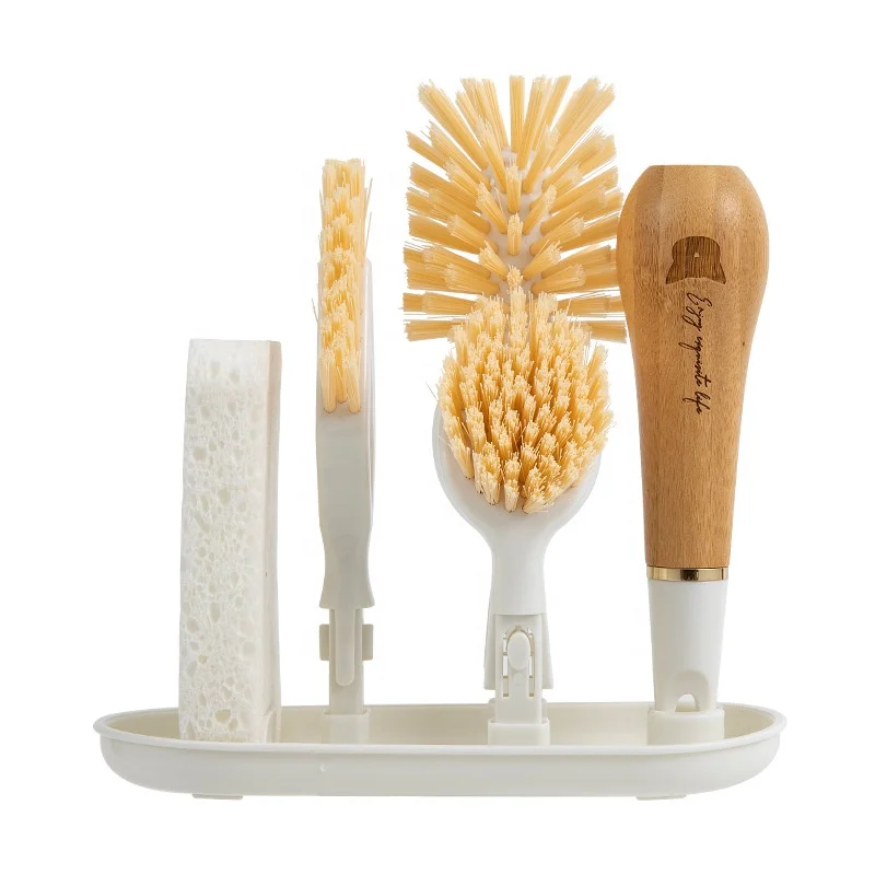 Dish Brush Set with Storage Holder, 4-in-1 Kitchen Cleaning Brush Set with 2 Interchangeable Brush Heads&Scrub Sponge