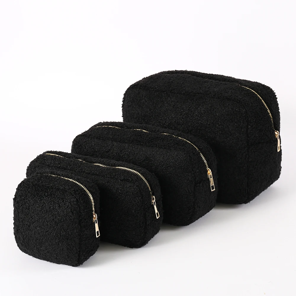 Fax Fur Teddy Velvet Makeup Bag Letter Patches Sherpa Travel Bag Lamb Wool Sherpa Cosmetic Bag