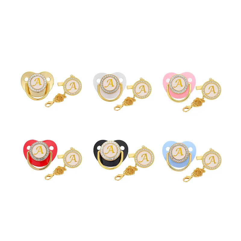 Initial Letter Baby Pacifier And Pacifier Clips 26 Letters Name Silicone Infant Nipple Gold Bling Newborn Dummy Soother