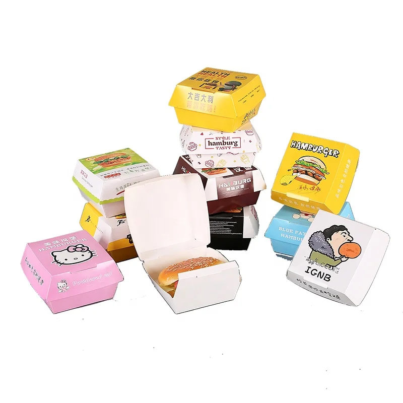 Wholesale Customization Printing Design Hamburger Takeaway Food Paper Packaging Disposable Art Paperboard Burger Boxes