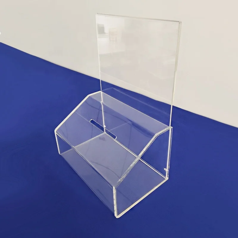 Unique Design Acrylic Donation Box with Sign Holder Clear Acrylic Suggestion Box Small Coin Canister with Sign Holder