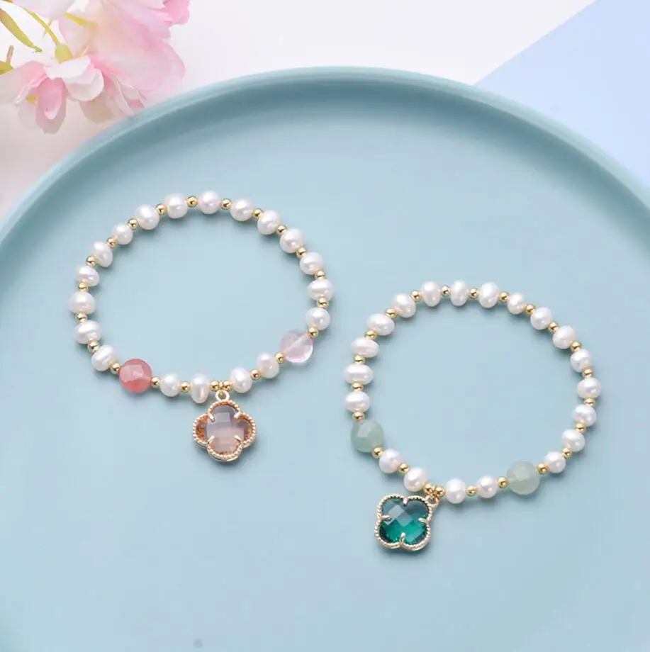 Handmade Natural Baroque Pearl Beads Bracelet Pink Four Leaf Lucky Clover Charm Bracelet for Women Men Yoga Jewelry Gifts