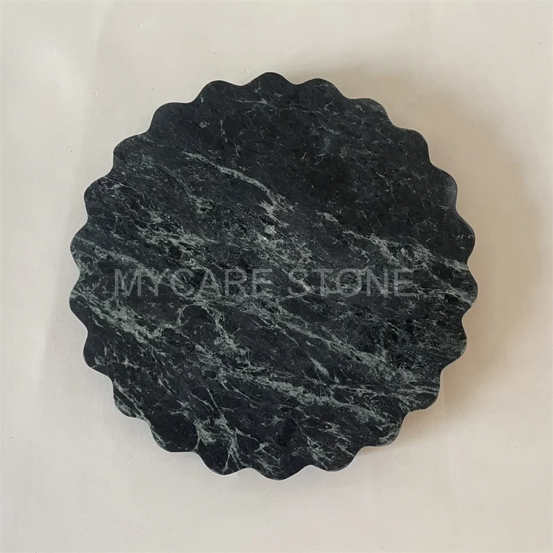 Natural rounds scalloped marble stone jewelry tray cosmetic dinner fruit plate decorative scalloped edge tray