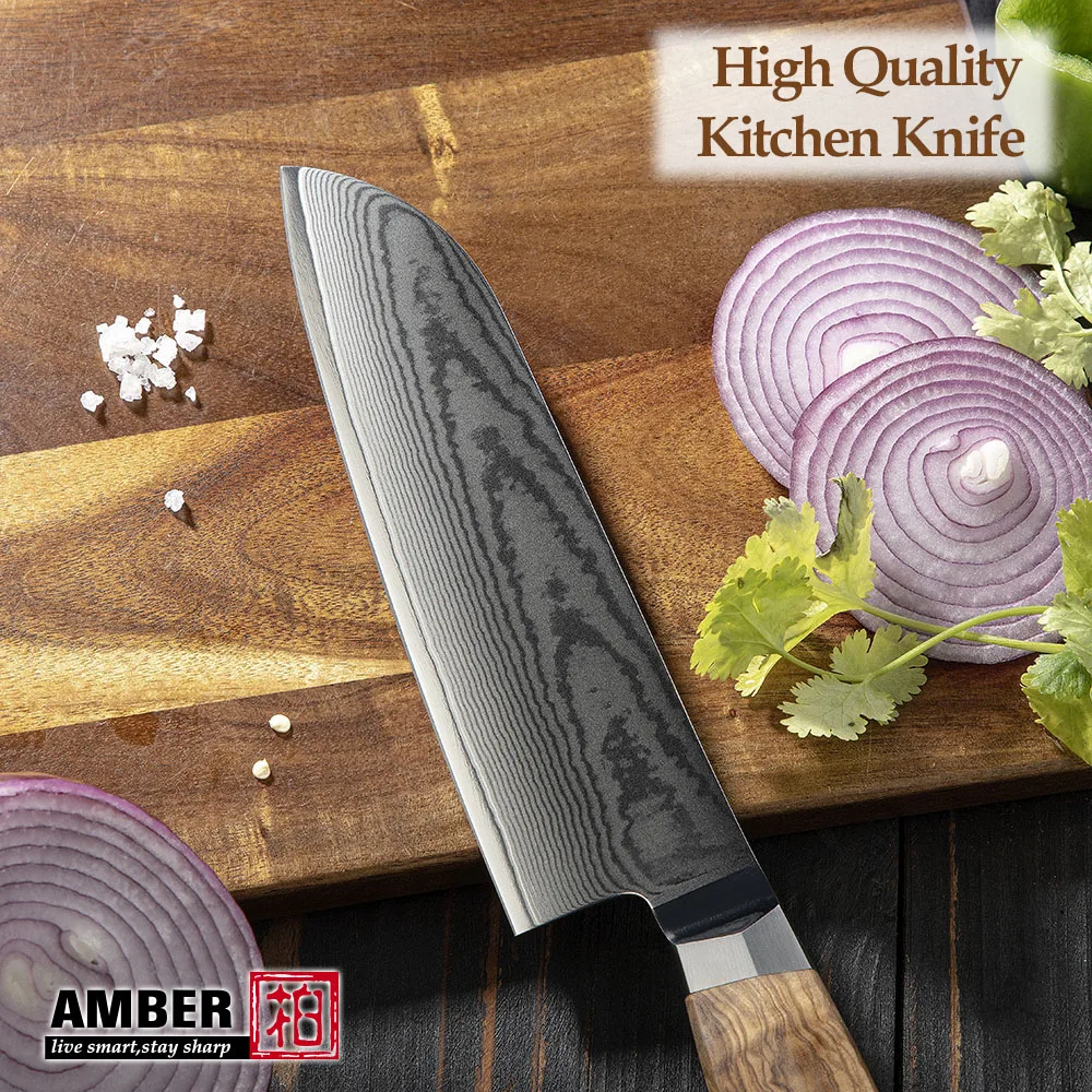 Custom Logo 7 inch Damascus Santoku Knife VG 10 Damascus Steel Kitchen Knives With Olive Wood Handle