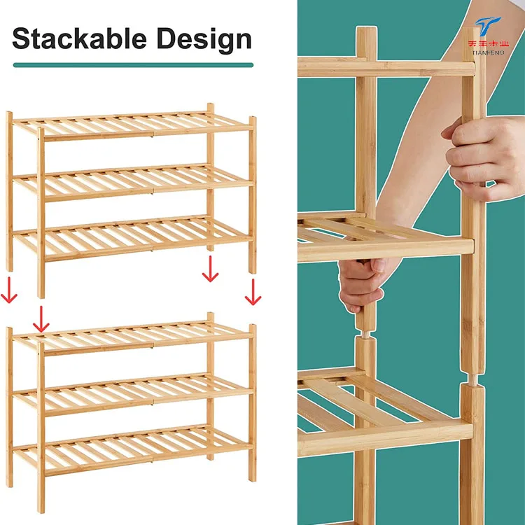 Factory 3 Tier Stackable Bamboo Plant Storage Shelves Shoes Storage Rack Organizer for Entryway