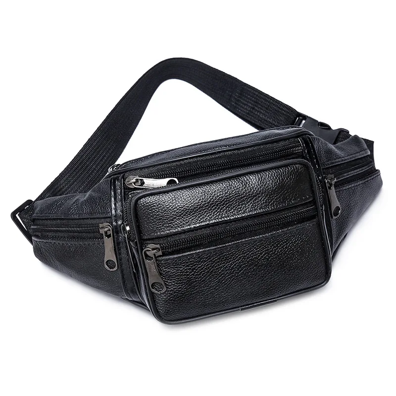Tiding Black Custom Logo Soft Genuine Cow Leather Fanny Pack Bag Cross body Sport Cycling Waist Bag Bum bag Men