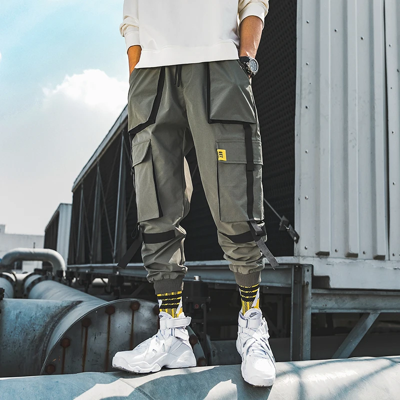 2022 autumn new fashion design loose fit mens cargo pants with fabric strips tape custom printing logo pants