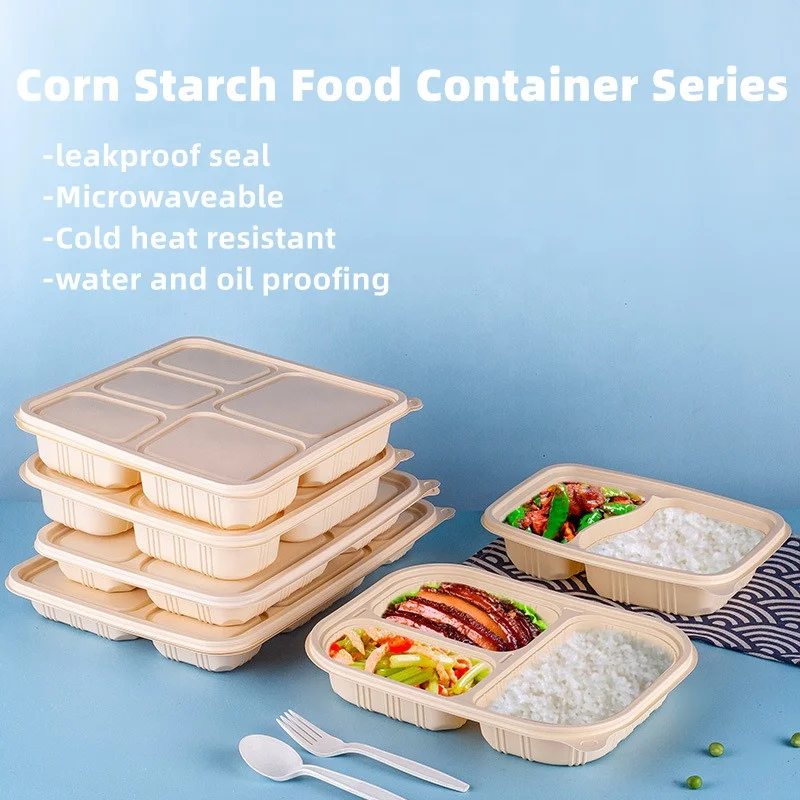 Takeaway food packaging biodegradable corn starch disposable food serving trays with lid divided 6 compartment food tray