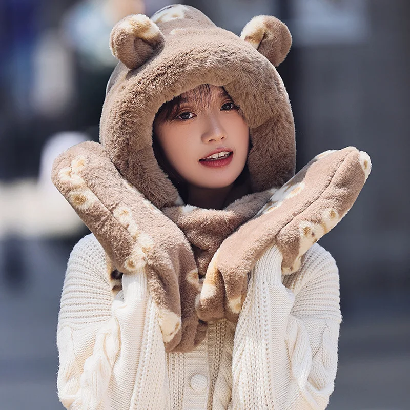 Warm Soft Scarf Snood Pocket Hats Hooded Funny Plush Hat For Women