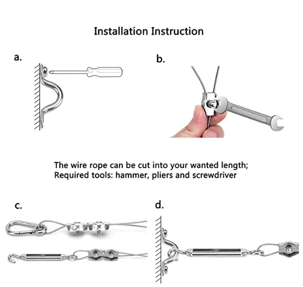 Turnbuckle Wire Rope Tension with Hooks Outdoor Lights Hanging Kit String Lights Suspension Kit 304 Stainless Steel Cable