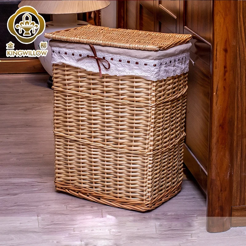 Large Rectangular Natural Brown Wicker Storage Basket Home Laundry Basket with Plastic Lid Lining for Clothes Organization
