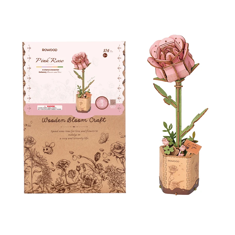 Robotime Wooden Bloom Craft Flower Model Desktop Decoration Assemble Toys TW041 DIY 3D Wood Pink Rose Kids Puzzles