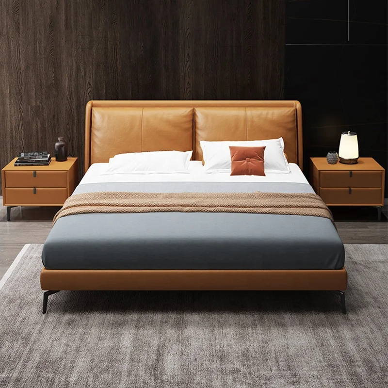 Современная роскошная кожаная двуспальная кровать в итальянском стиле мебель для спальни из массива дерева двуспальная кровать (1600494757890)