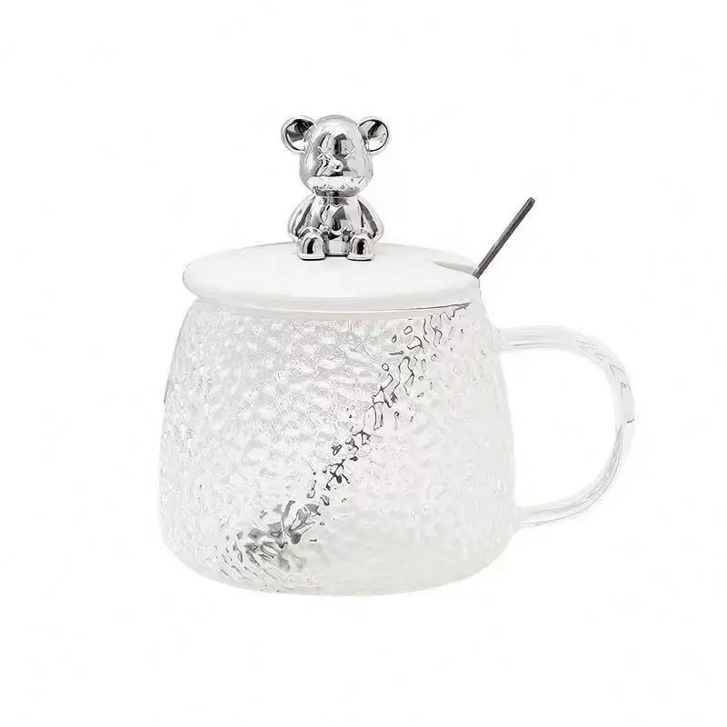 400Ml Beverage Mug Little Bear Hammer Pattern Frosted Handle Mug Glass Water Coffee Cup With Lid