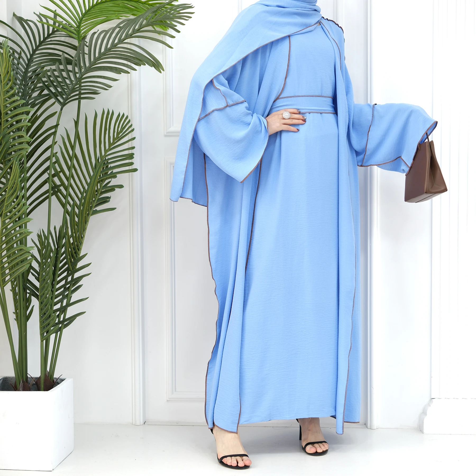 2024 Ramadan 2pcs Open Abaya Dress Set Dubai Crepe Kaftan Robe Matching Sleeveless Dress Muslim Kimonos Ladies Cardigan Dresses