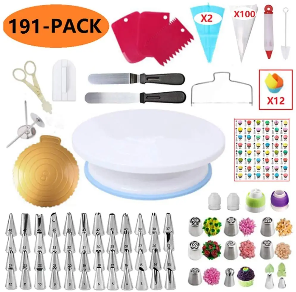 191Pcs Cake Decorating Tips Kit Cake Turntable Leveler Icing Russian Piping Leaf Tips Spatulas Pastry Bags Couplers Bakery set