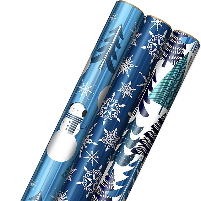 Christmas Wrapping Paper with Cut Lines on Reverse (3 Rolls: 60 sq. ft. ttl) Snowmen, Snowflakes, Christmas Trees