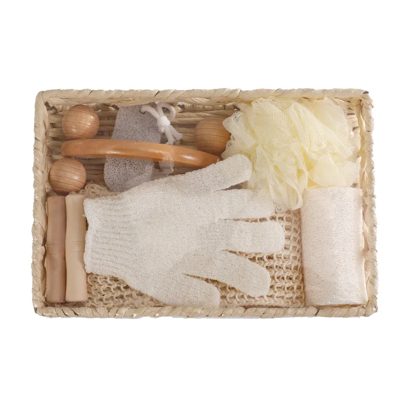 wholesale Six Piece Rattan Box rectangle shaped Bathroom Kit Comb Washing brush gloves pumice stone bath accessories