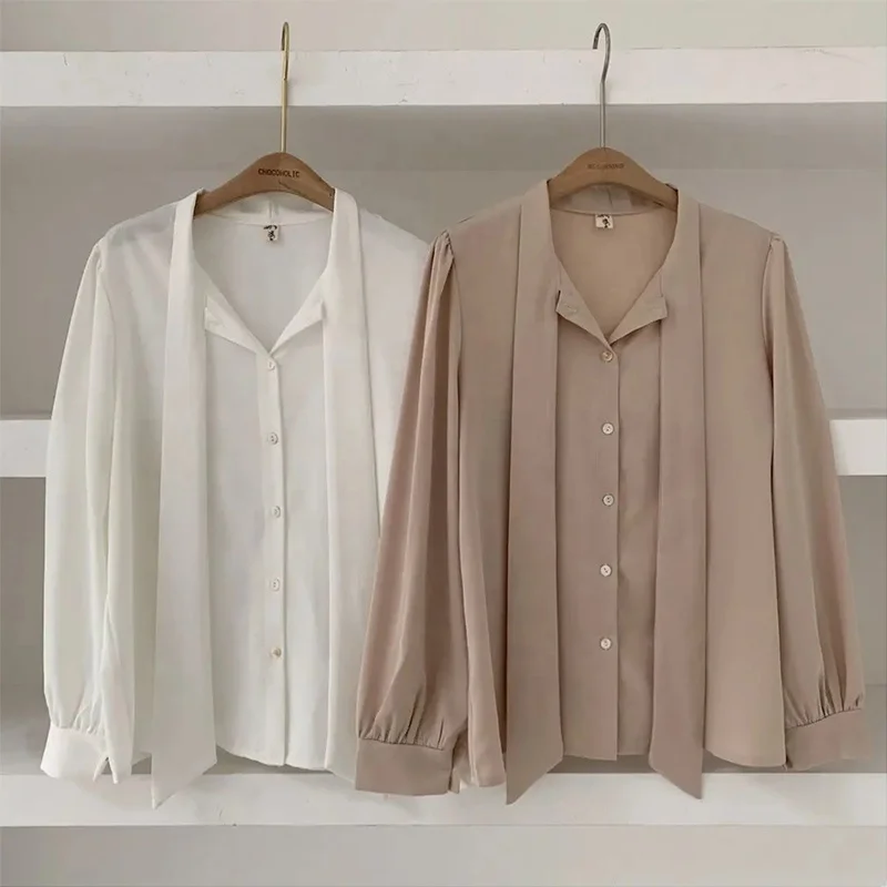 Womens Elegant Chiffon Formal Shirts Korean Tie Neck Blouse Slim Fit Satin Tops Office Wear Fashion Clothes Work Shirt