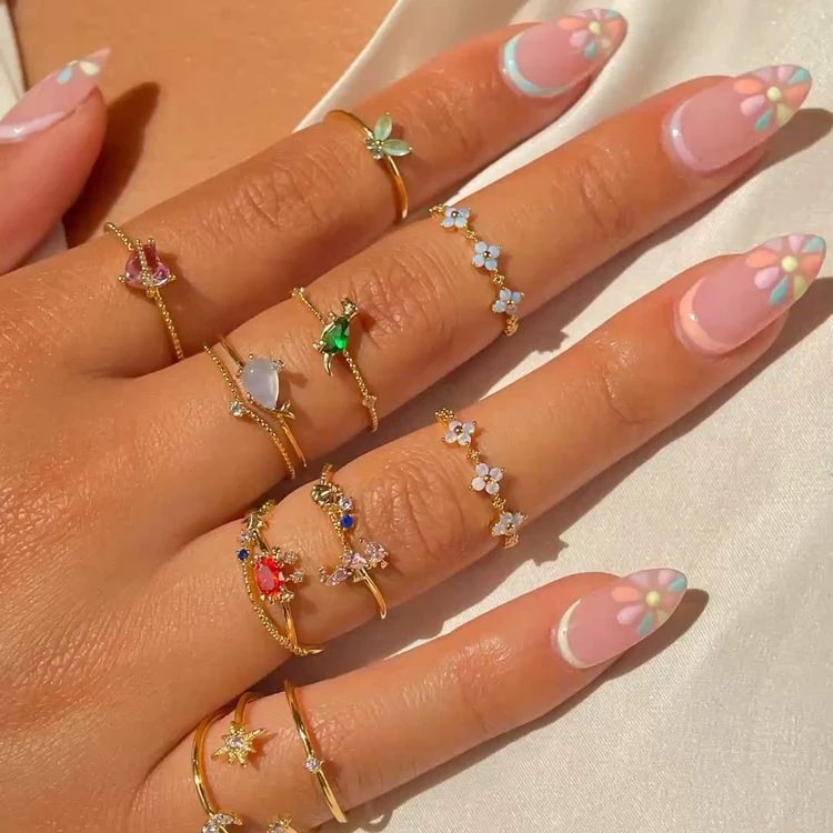 Dylam Real 925 Sterling Silver Jewelry Cute Stacking Adjustable 18k Gold Plated Rainbow Promise Zircon Cz Rings For Women Girls