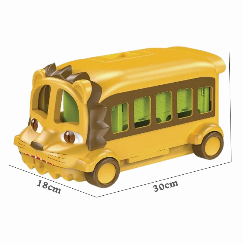 Children Cute Cartoon Lion Car Forest Animals Transporter Set Kids Plastic Zoo Animals Toy Storage Bus with 12PCS Wild Animals
