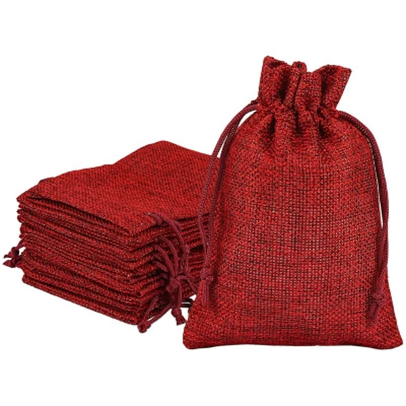 
In Stock Linen Bag Drawstring Pouch Small Gift Jewelry Linen Storage Bag Wine Red Jute Bags Wholesale 