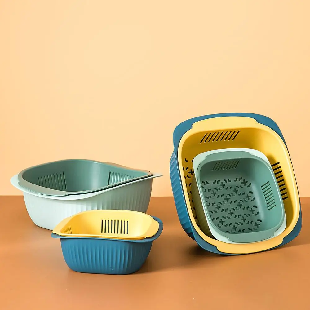 
2pcs/set Kitchen Sink Double Drain Basket Wash Fruit Colanders Drainer Basin Vegetables Drain Sieve Food Washing Strainers 