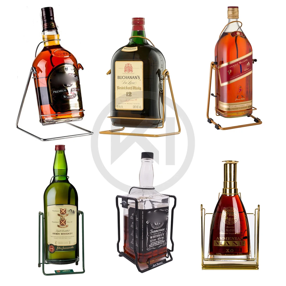 
custom made whiskey big bottle display JD swing pour cradle stand rack for vodka tequila wine beverage champagne rum liquor 