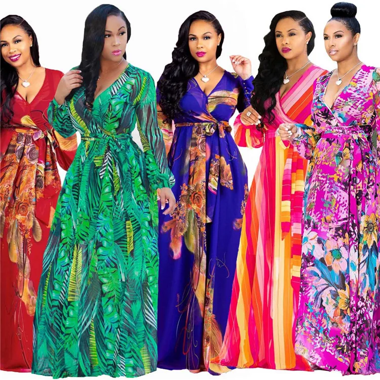 
LF-44 African Clothing Floral Printed Maxi Dress Long Sleeve Womens Plus Size Dress Fashion Summer Dresses Women Casualfu 