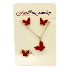 Wholesale Four-leaf Clover Three-piece Earrings Ring Pendant Simple Colorful Butterfly Necklace Set