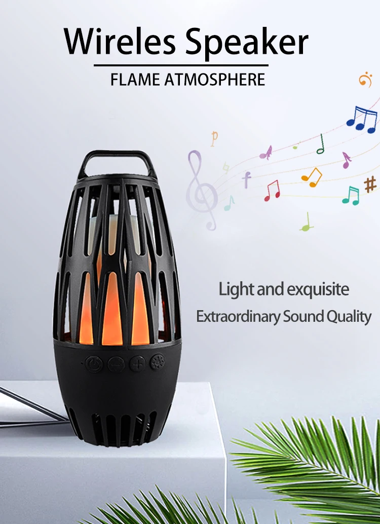 LED Flame Speaker, Wireless 5W 4 ohm Bass 8 Hours Fire Torch Night Light Music Dancing Flicker Atmosphere Table Lamp Speakers