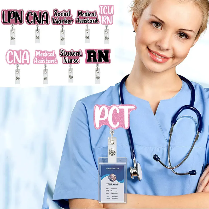 Customized Acrylic Glitter nurse badge buddy BSN Student Nures NICU RN MSN PCT RN CNA LPN Nurse Badge Reel for Nurse Accessories