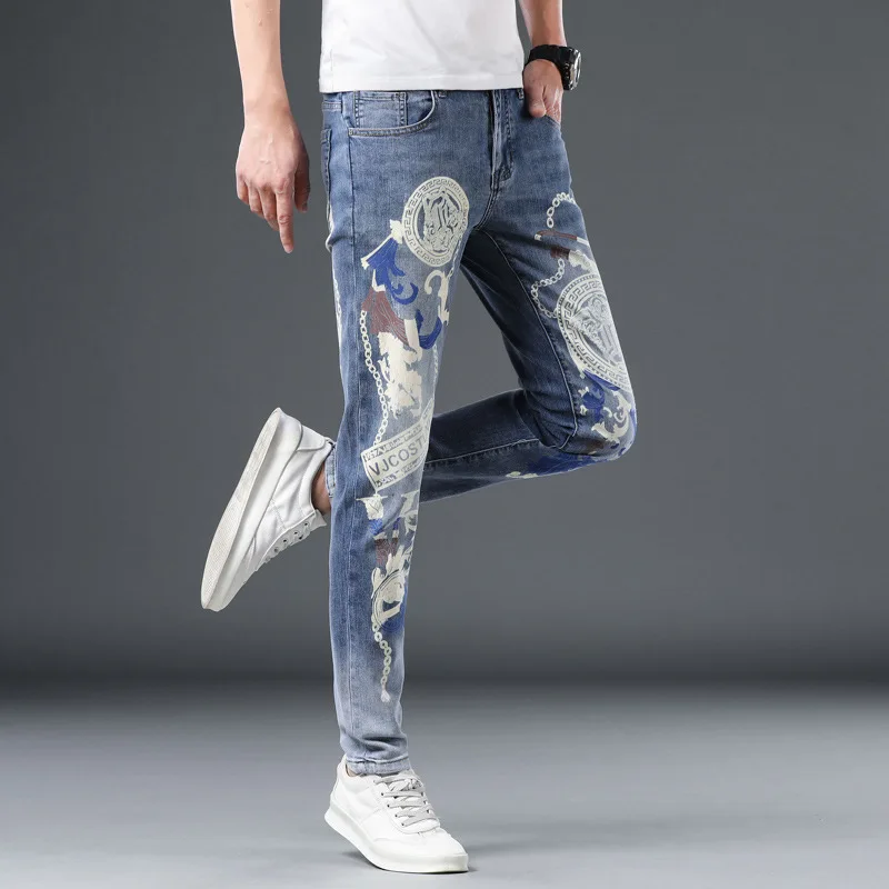 Fashion Hip Hop Streetwear Printed Men Designer Hip Hop Pants Slim Fit Punk Style Designer Jeans