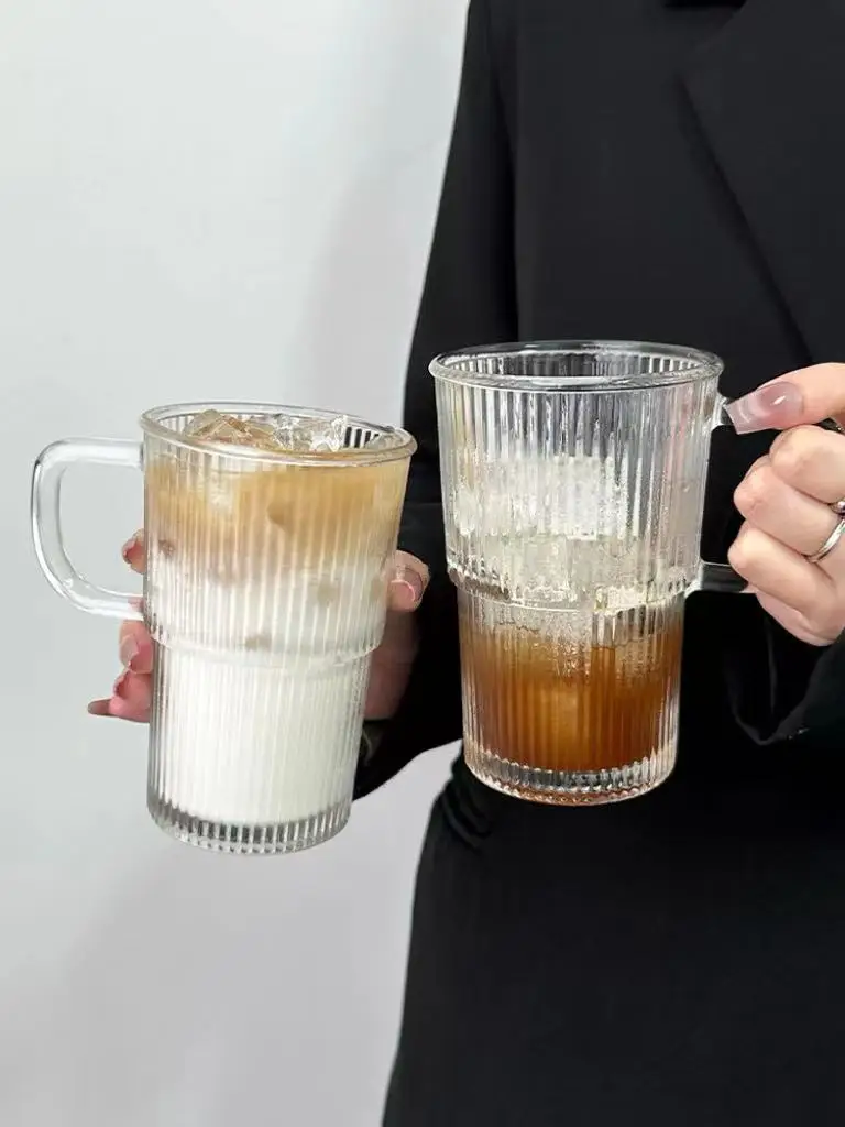 Wholesale Ribbed Simple Vertical Stripe Glass Ice Coffee Tea Milk Mug Custom Coffee Mugs
