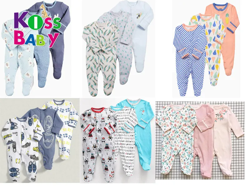 
Custom Logo Coloful Printed Footed Organic Baby Romper Footed Sleeper One-piece Cotton 3pcs Baby Romper With Foot 