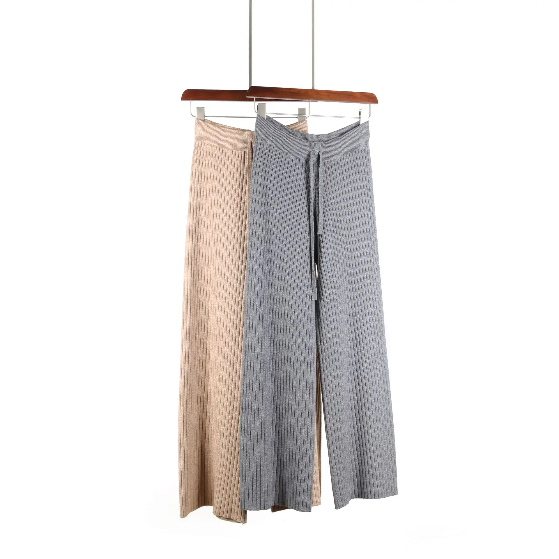 Korean Ladies Flare Pant Waist Knot Long Rib Knitted Women Sweater loose Pants