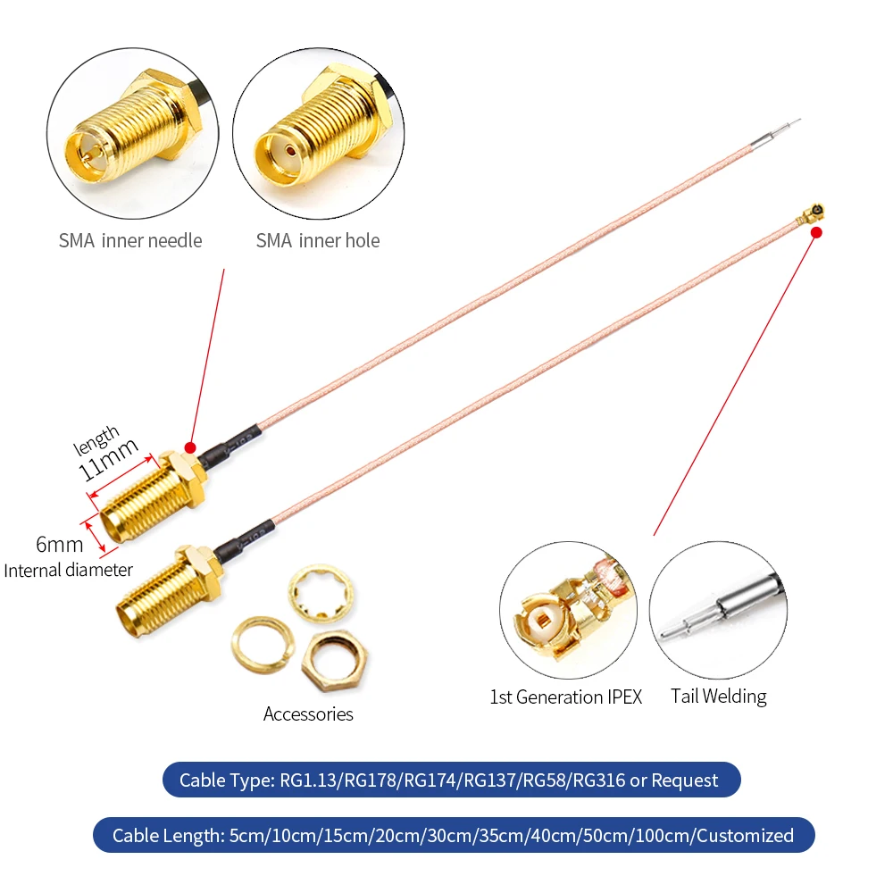 Factory Hot Sale Ipex 178 To Sma Female Inner Hole Sma To Ipex Adapter Wire Wifi / Gsm / 3g / Gps / 4g Antenna Connecting Wire