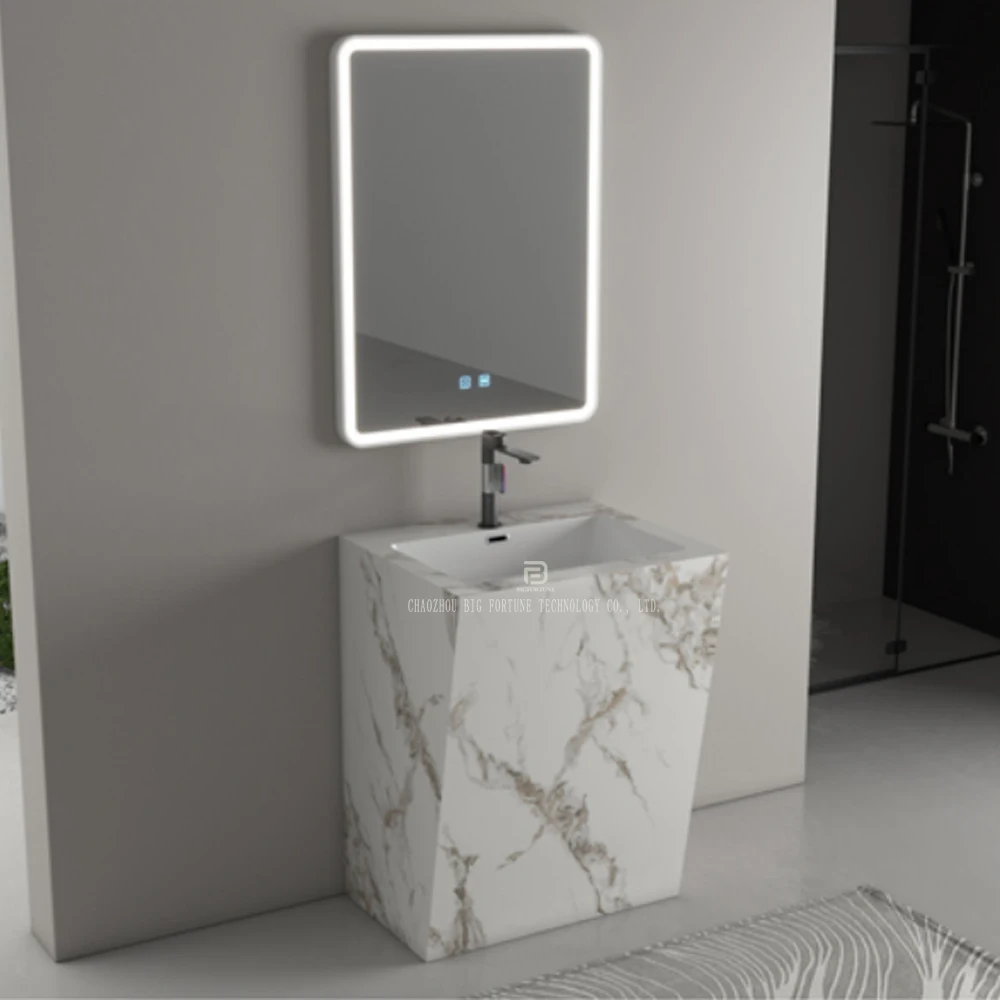 High Quality Marble Sintered Stone Pedestal Basin Washing Sink With Led Mirror For Bathroom