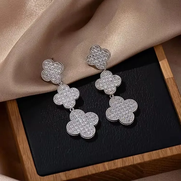 New Trendy Luxury Cubic Zirconia Rose Gold Plated Four Leaf Clover Drop Earrings For Wedding Bridal
