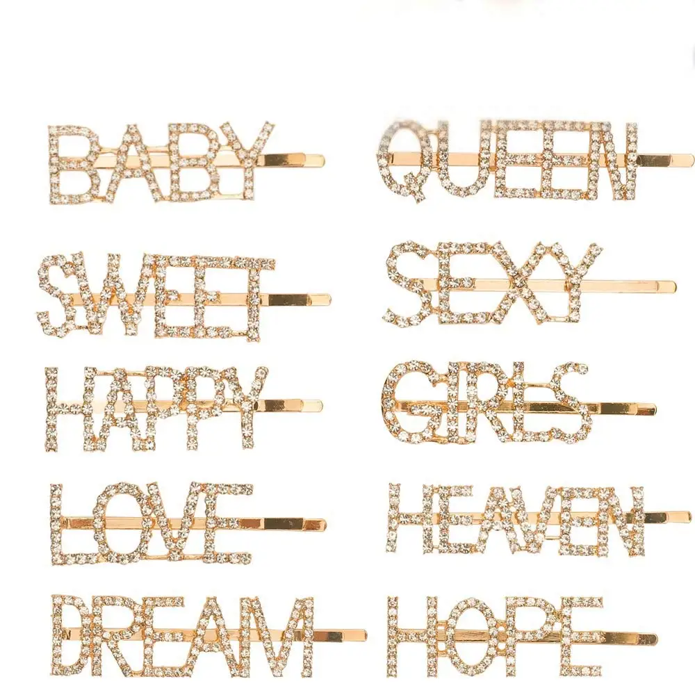 
Bobby Pins Barrettes Headwear Luxury Hair Jewellery Gold Word Hair Clip, Sparkly Letter Rhinestone for Women 
