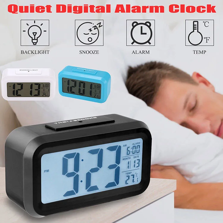 Battery Digital Alarm Clock Large LCD Display Light Sensor Night Light Snooze Table Clock