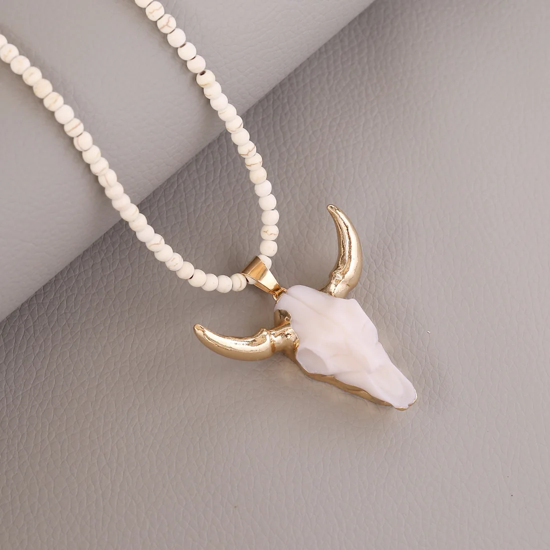 Bohemian Women Statement Gold Plated Skull Head Pendant Necklace Natural Amazonite Stone Bull Horn Necklace
