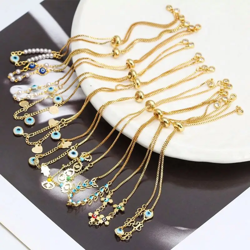 pulsera de mal de ojo Hand Heart Blue Eye Charms Gold Plated Alloy Beach Bracelet Adjustable Chain Level Eye Bracelet
