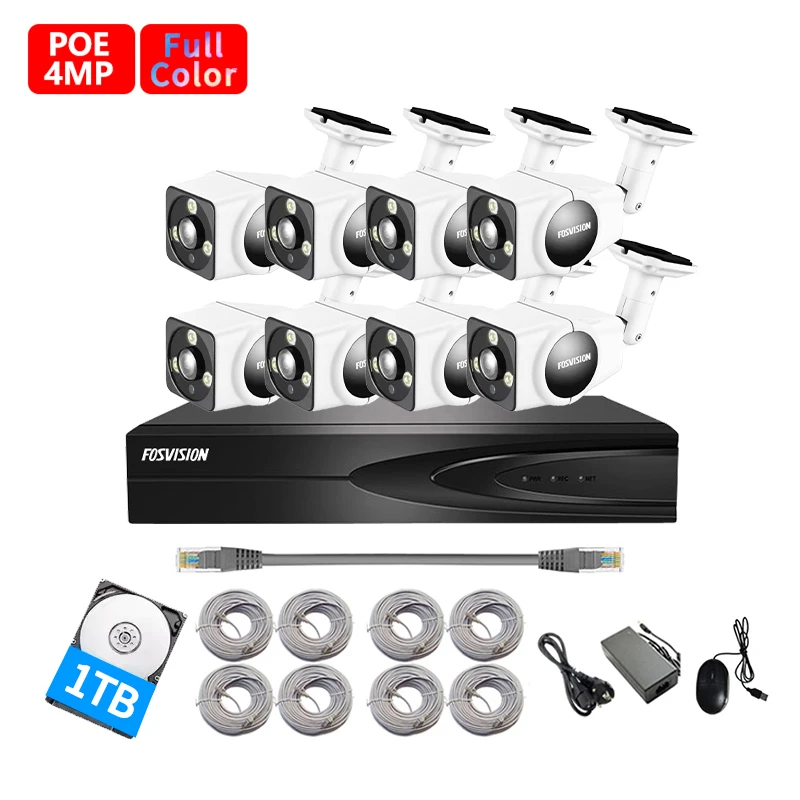 fosvision 8ch POE NVR KIT 4MP color vu IP Camera Smart full color with Audio CCTV Camera Surveillance systems home security 1HDD