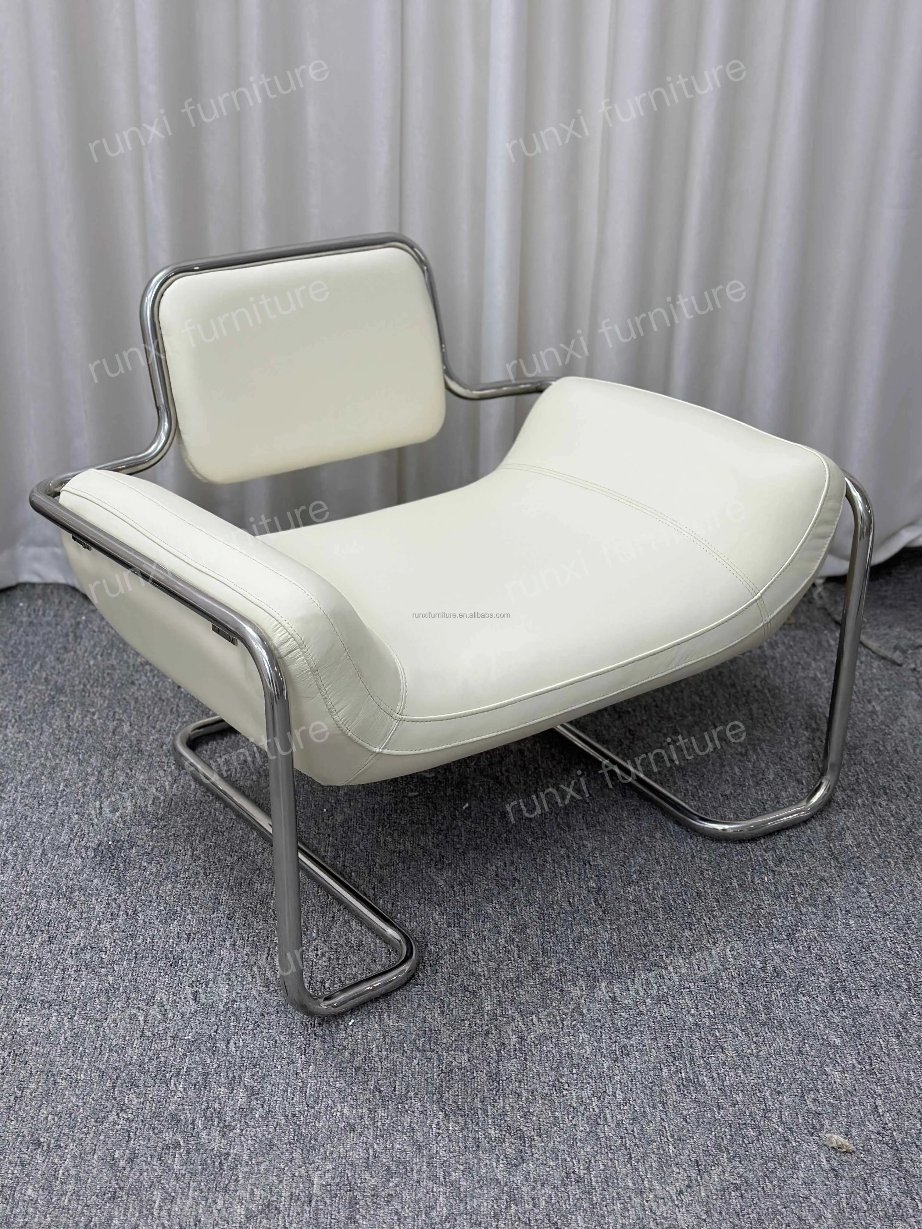 Convex Leather Single Chair with Stainless Steel Frame Simple Bean Bag Style for Living Room Leisure-Home Furniture