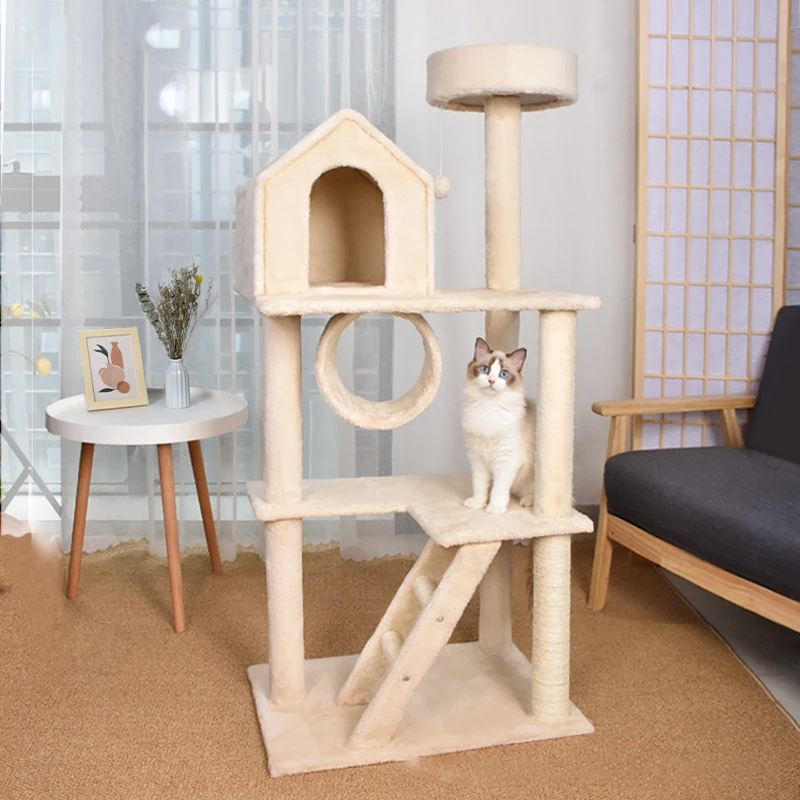 Factory Price Wooden Cat Condo Tree Stable Durable Pet Climbing Scratcher Plush Large Castle Cat Tree